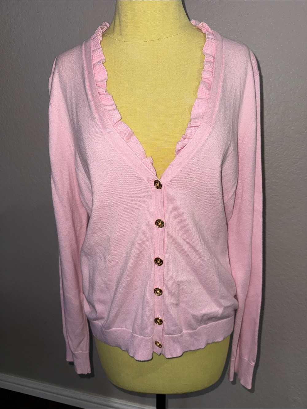 Ralph Lauren Pink Ruffle-Trim V-Neck Cardigan Sweater